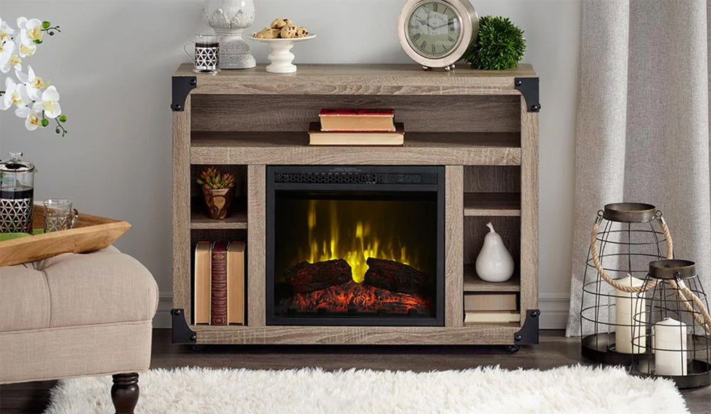 Electric fireplace with decorations on the mantel