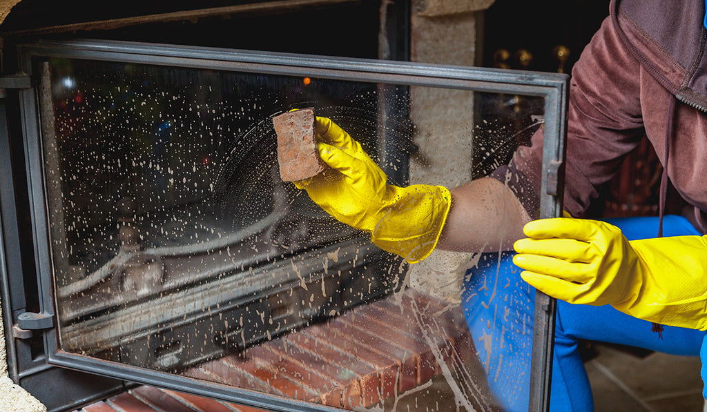 Person cleaning the glass on an electric fireplace. 