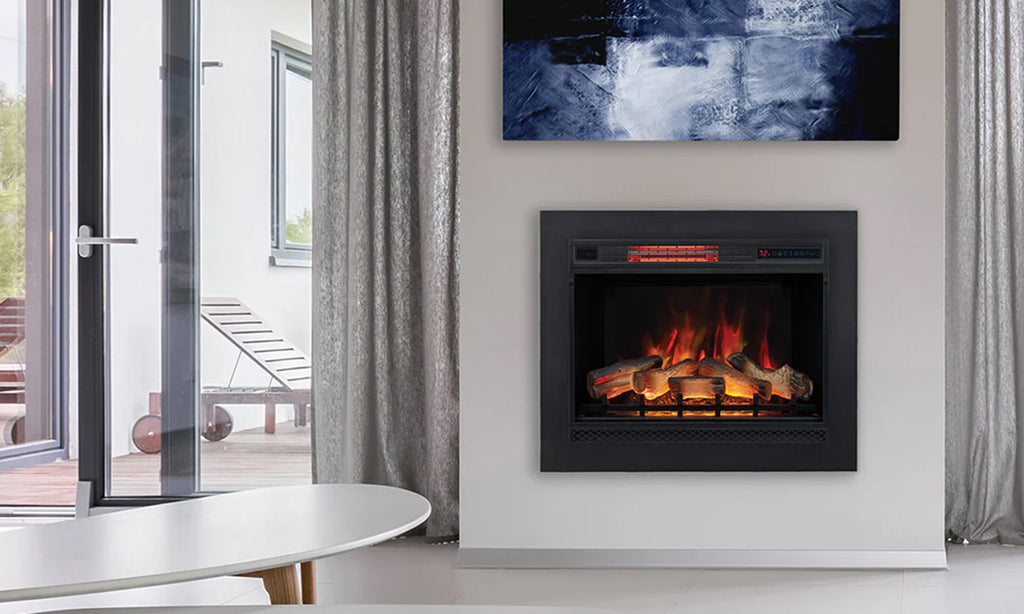 Electric fireplace in a white surround in a bright living room.