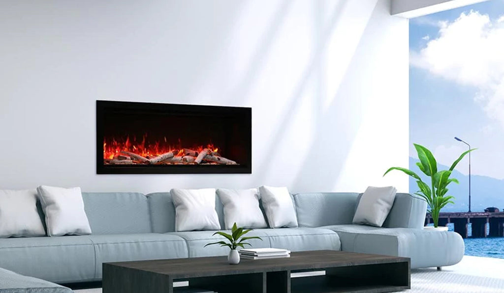 Large, white family room with linear electric fireplace placed midway up the wall with a light blue couch in front.