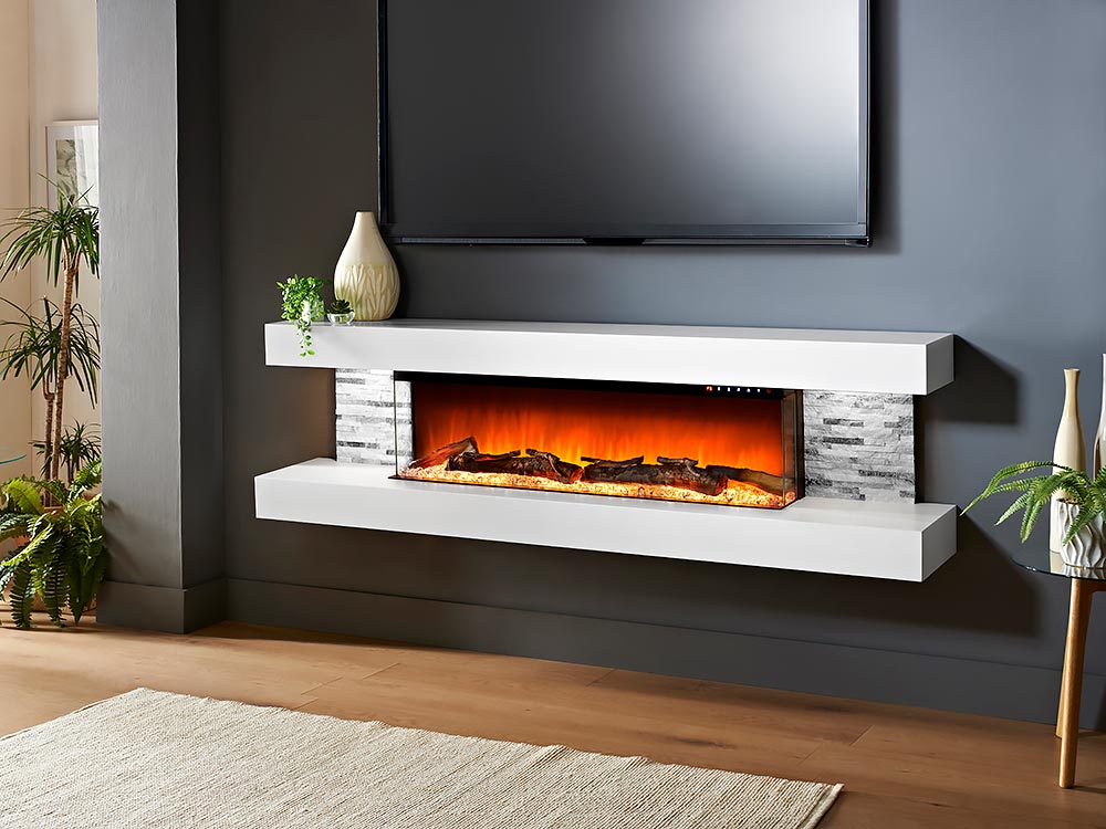 Linear wall mount electric fireplace in a dark wall with TV over the top.