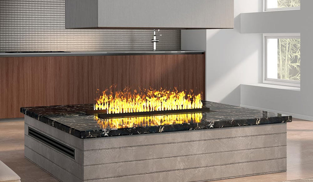 Open electric fireplace with flame effects visible from every side in a luxury living room.