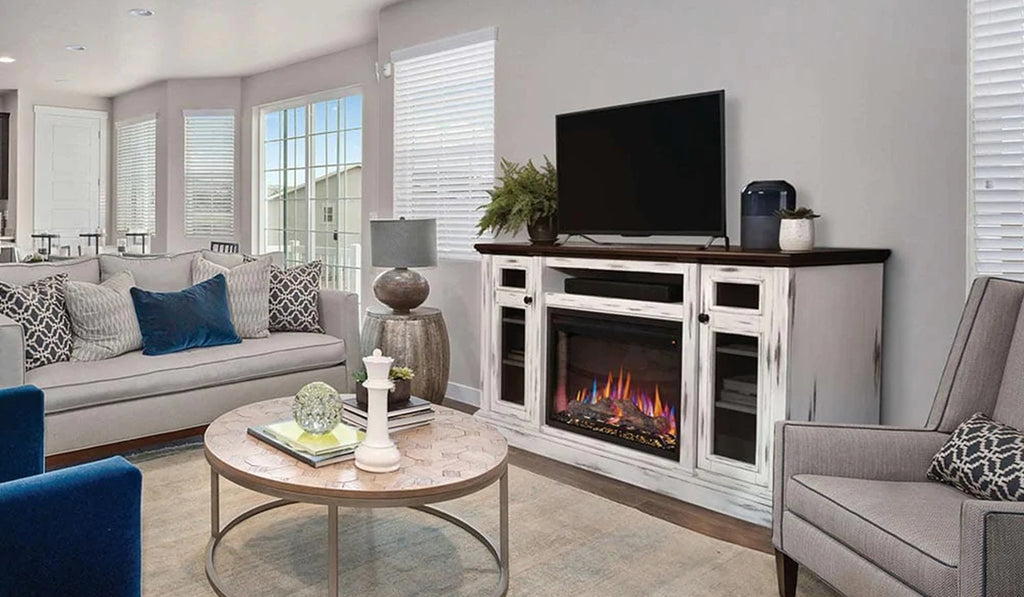 White built in hearth with electric fireplace and TV on top of the console.