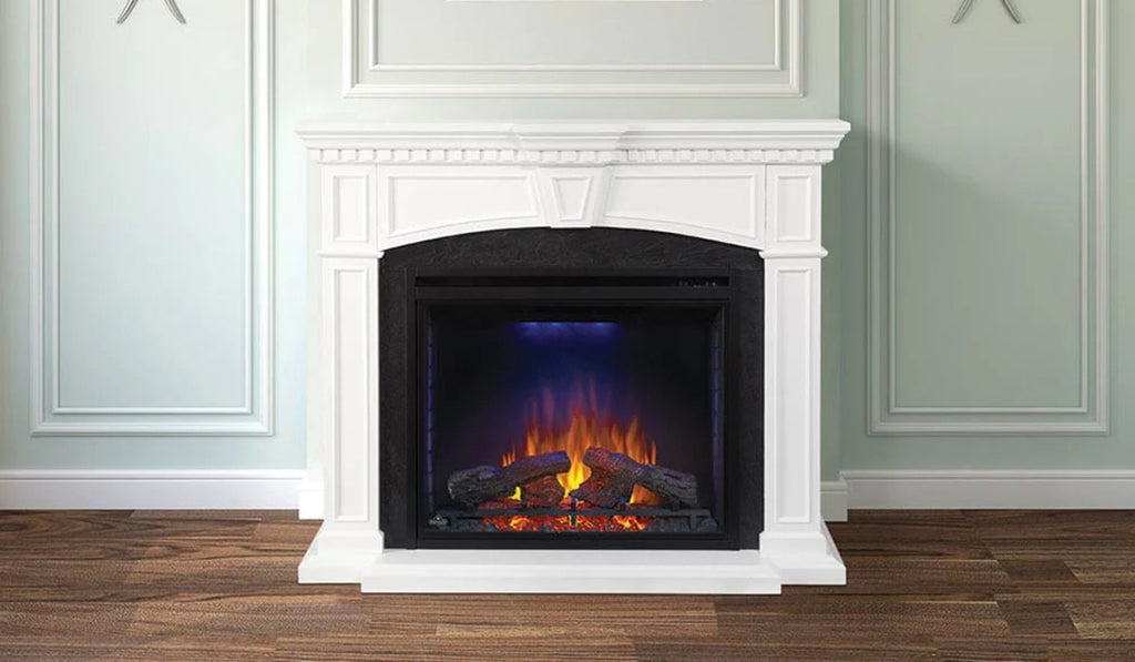 Traditional white mantel around an electric fireplace. 