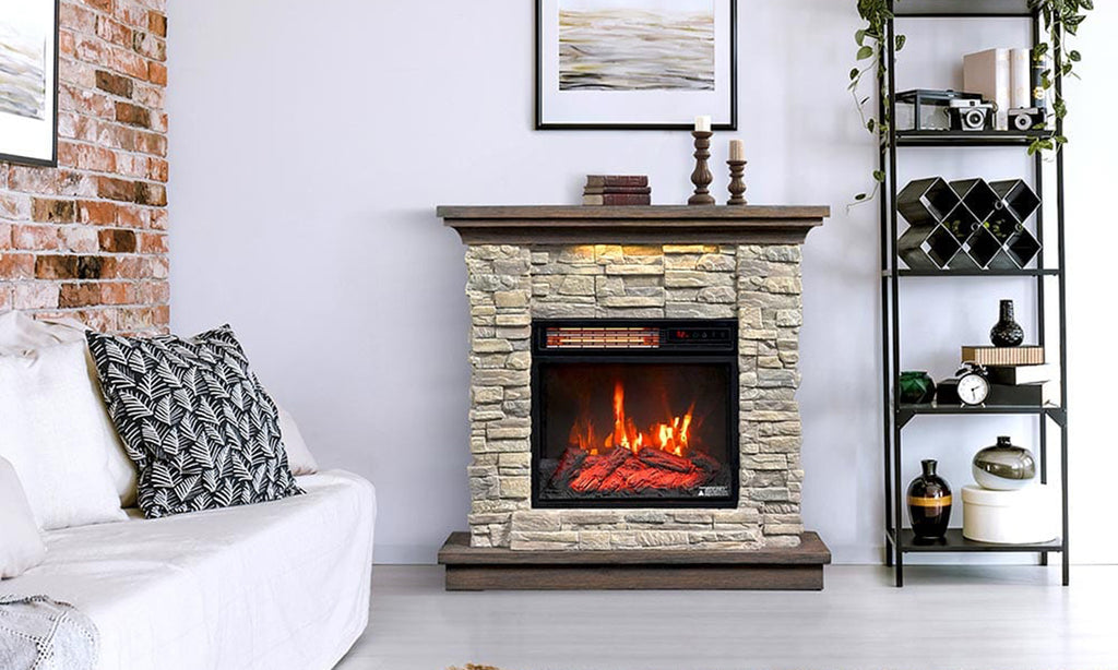 Electric fireplace with stone surround in a bright living room with brick accents.