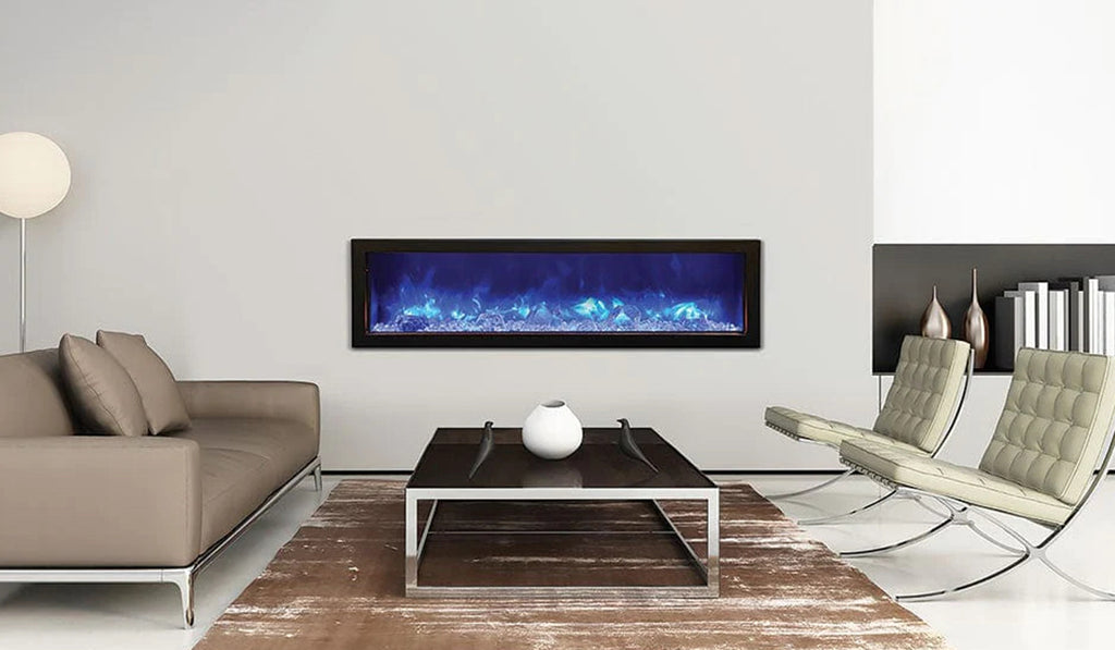 Linear electric fireplace in a minimalist style living room with modern flair.