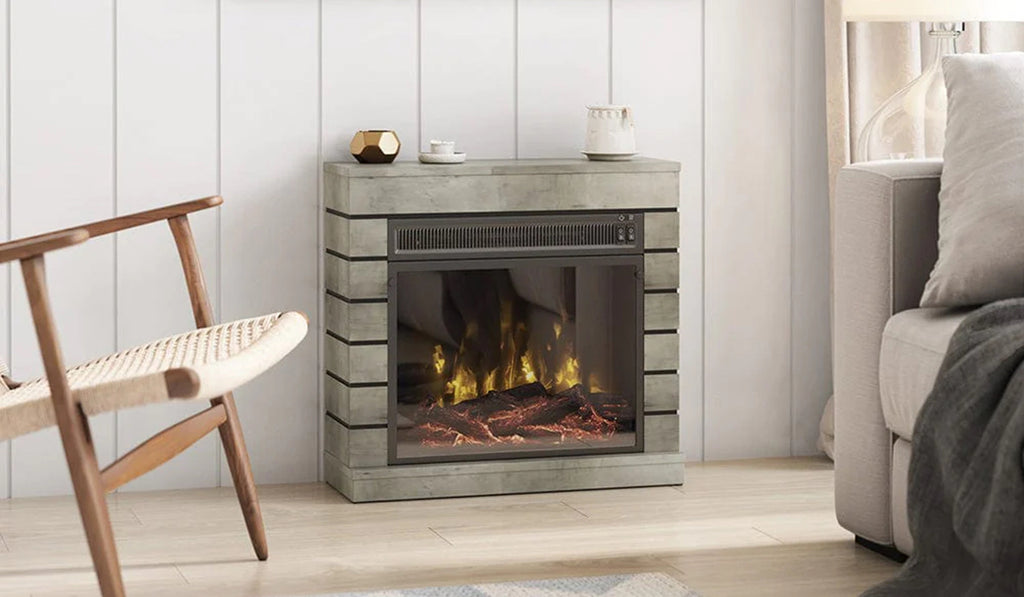 Small rustic electric fireplace in a simple farmhouse style living room.