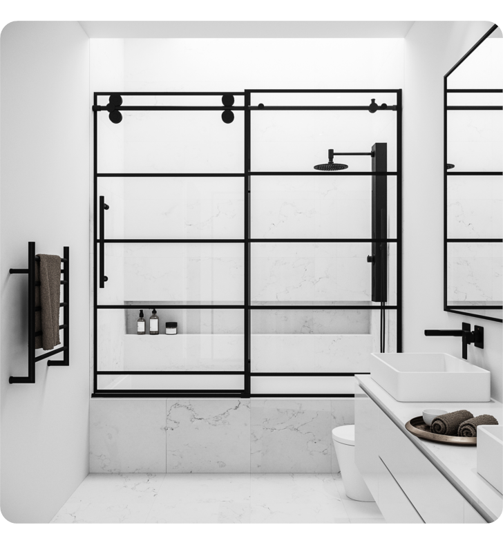 White bathroom with black framed shower doors.