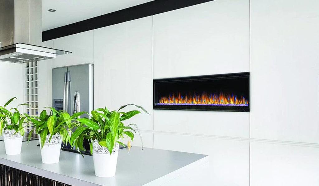 Linear style electric fireplace in a white wall with no mantel.