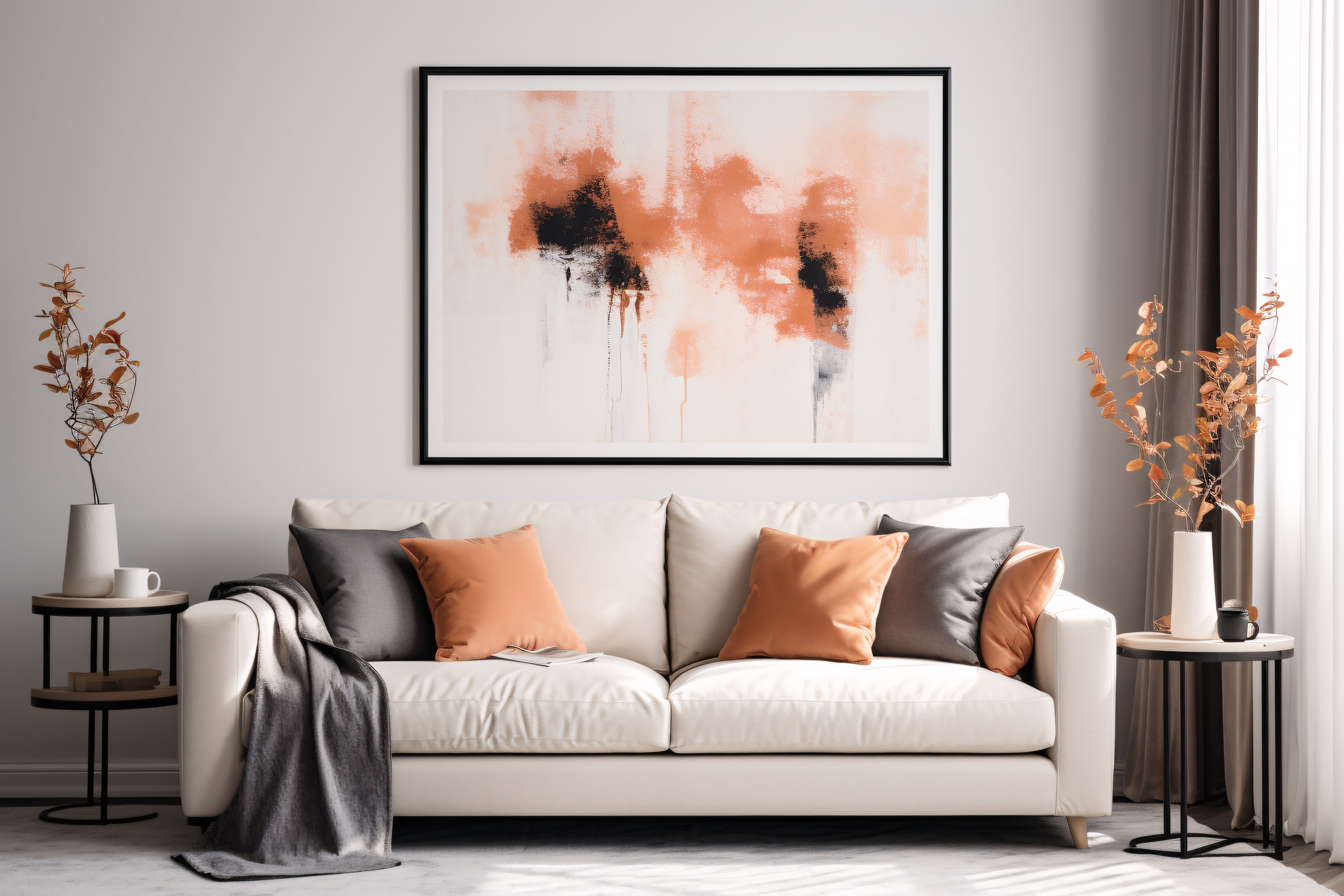 Neutral colored living room with a cream sofa, side tables, a large piece of art hung on the wall behind it. There are accents of the color peach fuzz in the painting and half of the pillows on the sofa are peach fuzz.