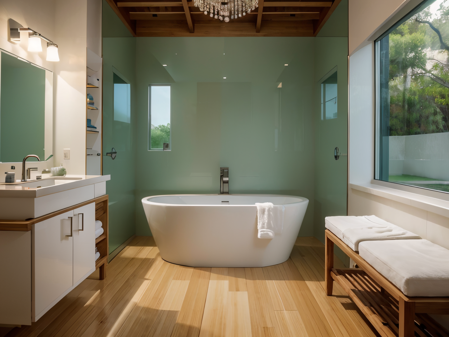 Modern bathroom with mint green accent wall. There is a vanity with one sink, a large standalone bathtub and a wooden bench.