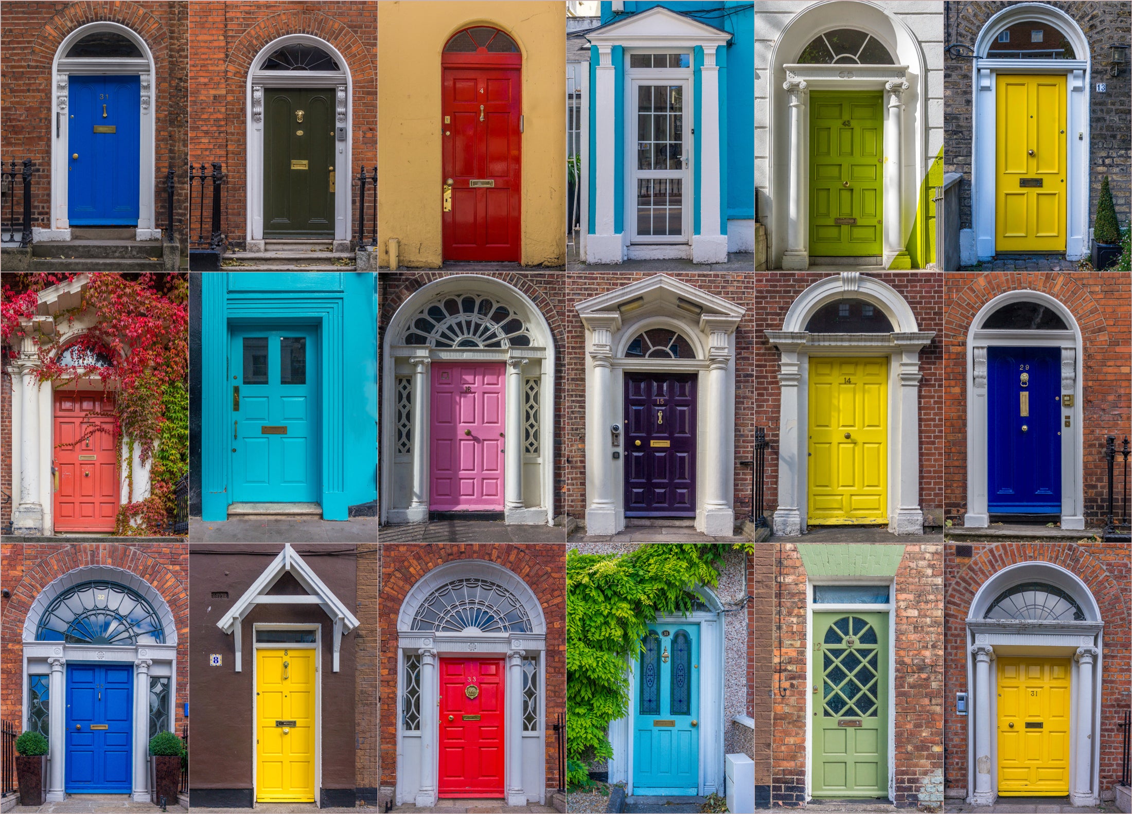 A grid of exterior doors painted in different colors on different houses.