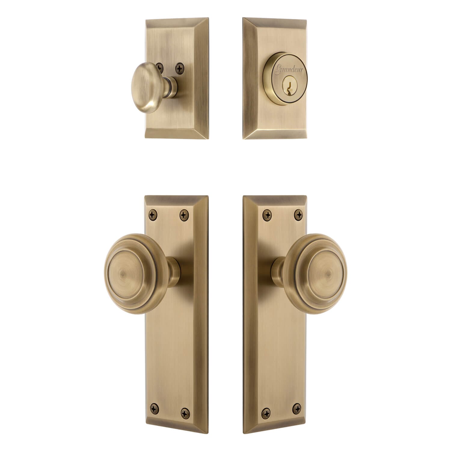 Fifth Avenue Long Plate with Circulaire Knob in Polished Brass