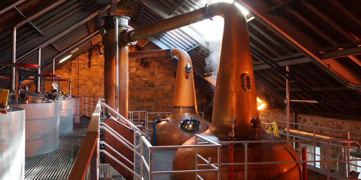The copper stills from a single malt scotch whisky distillery. 