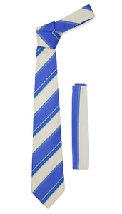 Microfiber Blue Beige Striped Tie and Hankie Set - Ferrecci USA 