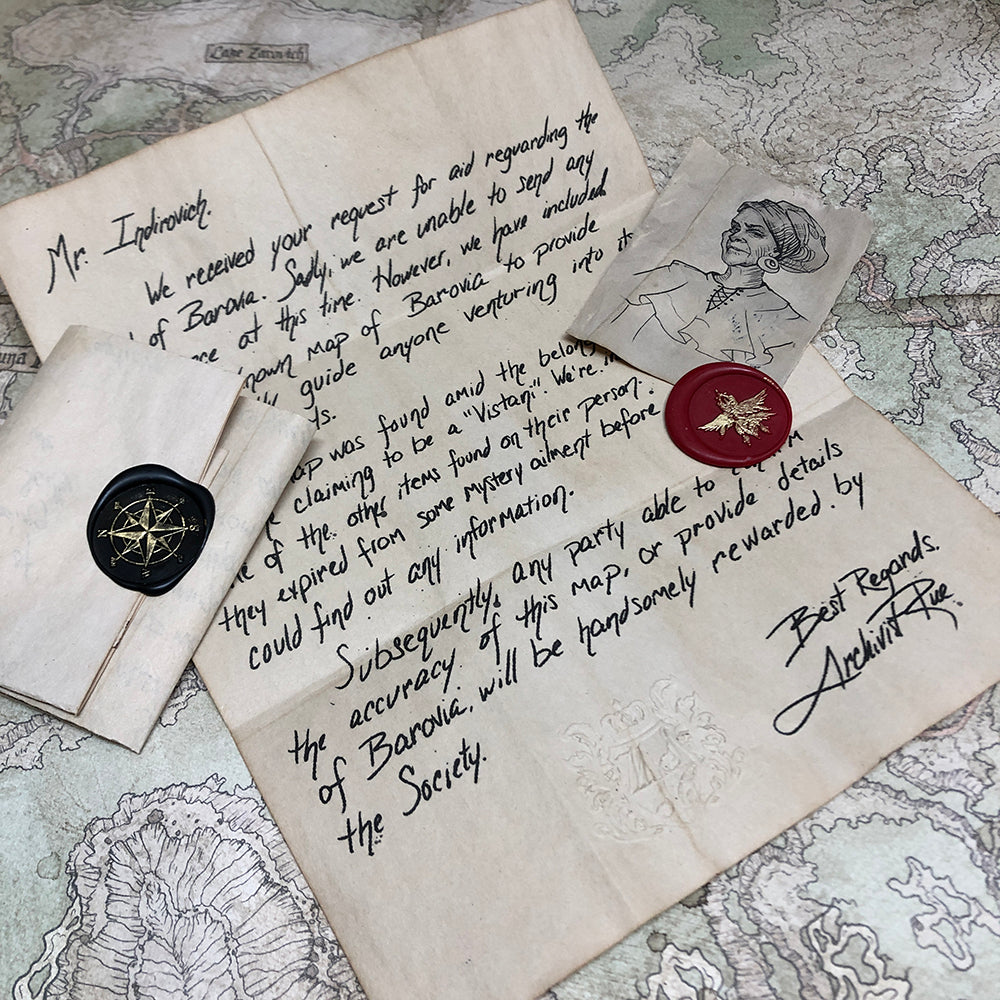 A letter from Archivist Rue with a sketch of a person and wax seals.