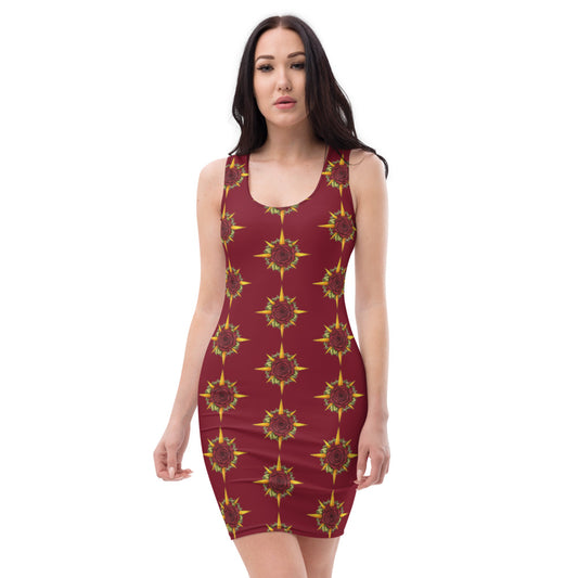 A model wears a fitted tank dress in burgundy with the Druid Compass Rose in a pattern all over it.