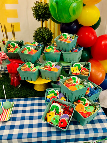 very hungry caterpillar cookies in berry boxes