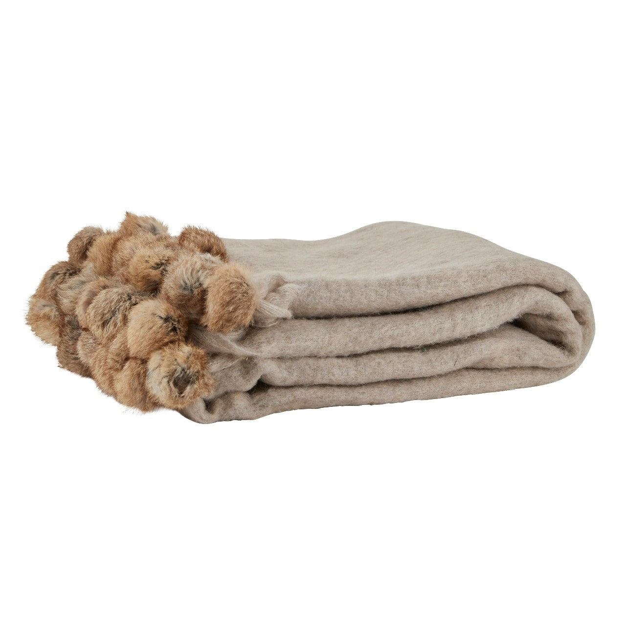 Margit Brandt - Plaid med kanin pom poms, beige - 130x170 cm