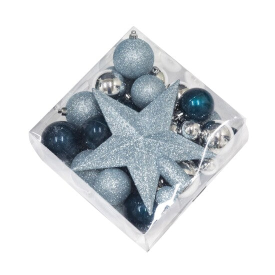 Billede af Julekugle sæt med stjerne blå/sølv 50 dele