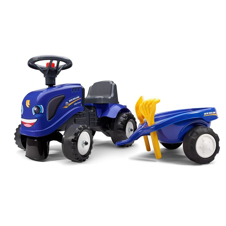 Falk Baby New Holland ride-on traktor med trailer, rive og skovl, fra 1-3 år