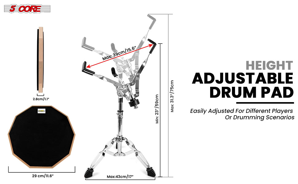 This drummers practice pad features a height-adjustable stand, allows for customized positioning to enhance comfort and technique during practice