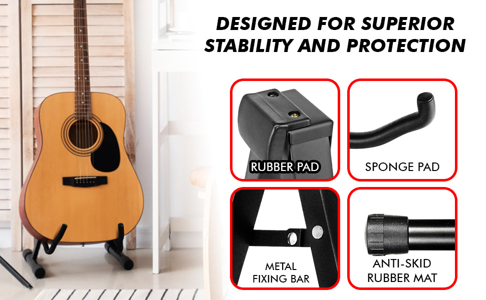 Our display stand holds electric or acoustic guitar