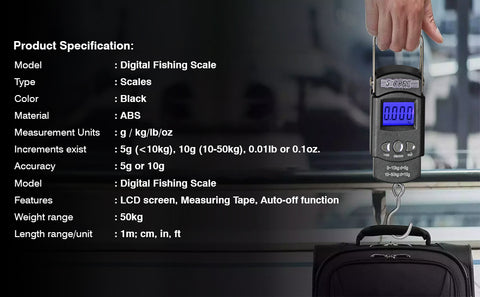 Portable Fish Weighing Scale 22 kg / 50 Ibs Hanging Hook Scale Including 1  m Measure Tape Luggae Weighing Scales by HomeElabador : :  Fashion