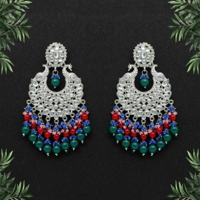 Chandbali Earrings with Dual Colored Stones & Kundan Work in Oxidized Finish