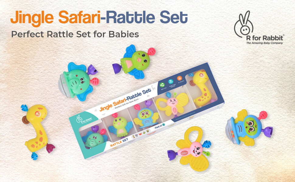 R for Rabbit Jingle Safari Rattle Set made for enjoyable playtime your little one