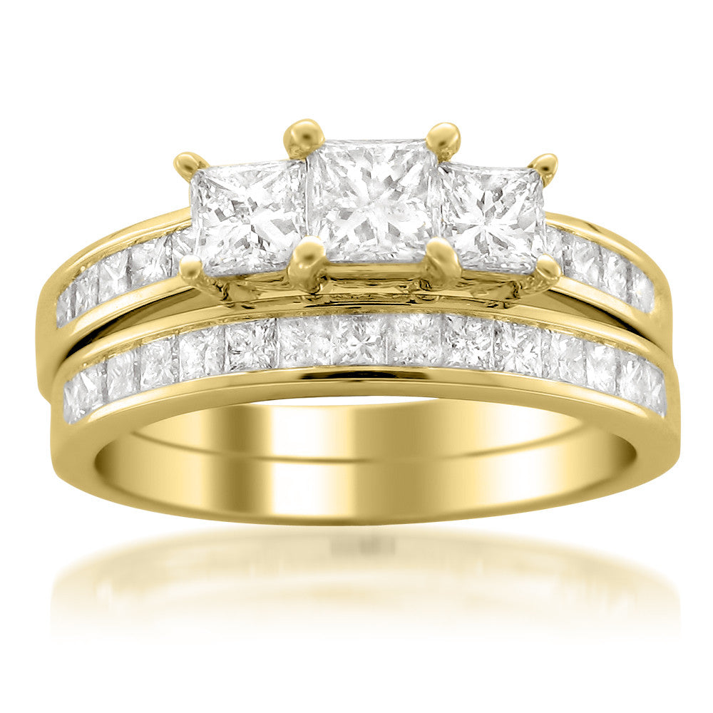 14k Yellow  Gold  Princess  cut  Three Stone Diamond Bridal  