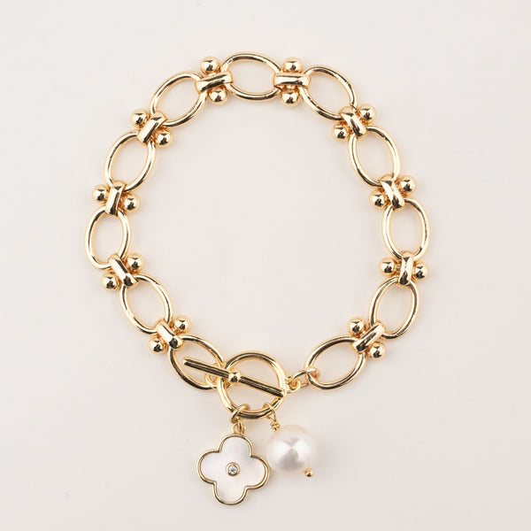 OVAL LINKED BRACELET WITH PEARL - GOLD