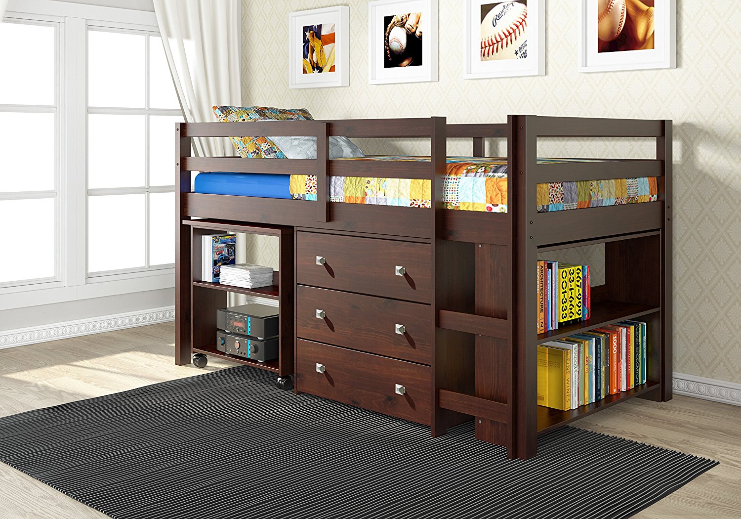 low loft bed with storage