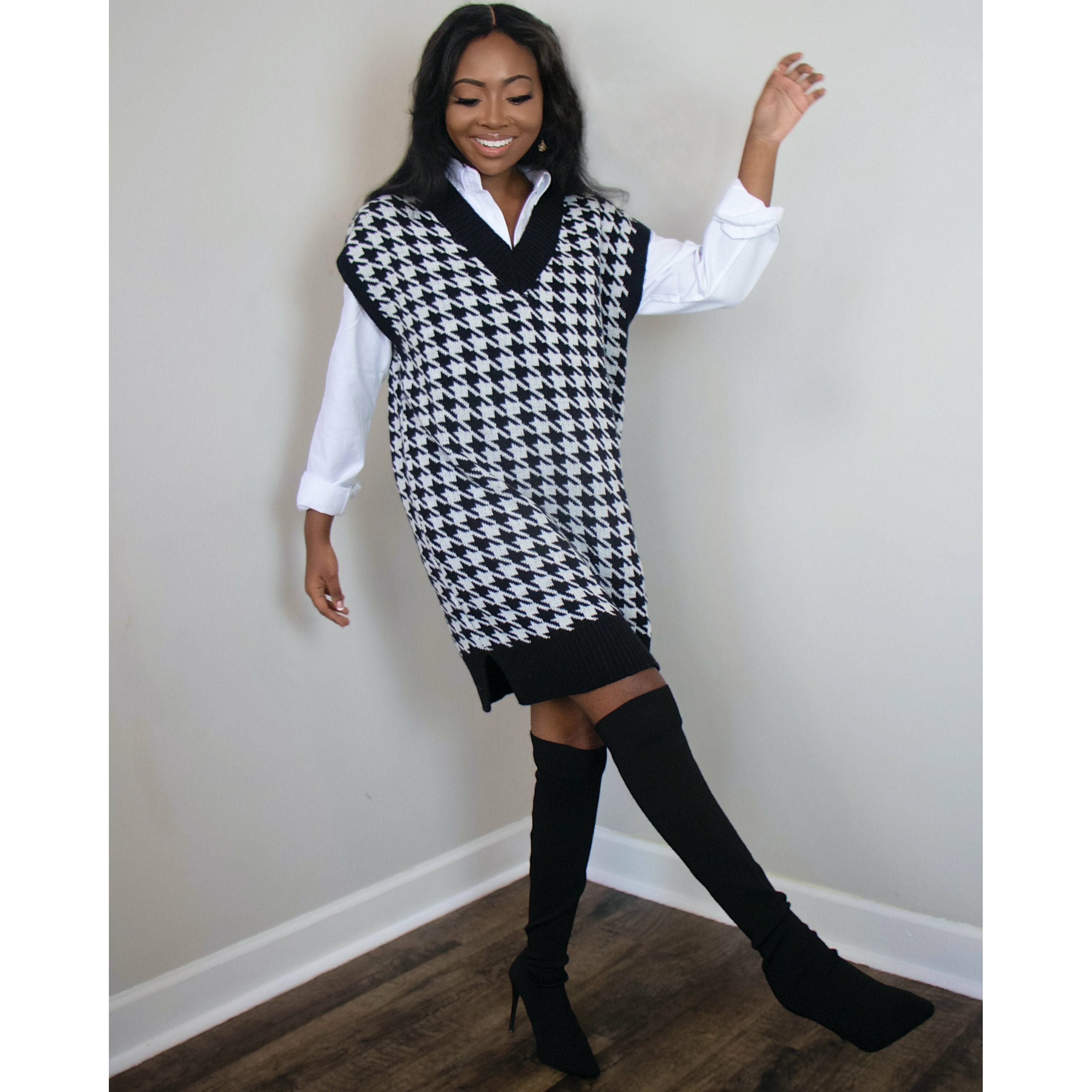 Natalie Houndstooth Knit Sweater Vest Dress – Shay B Shop