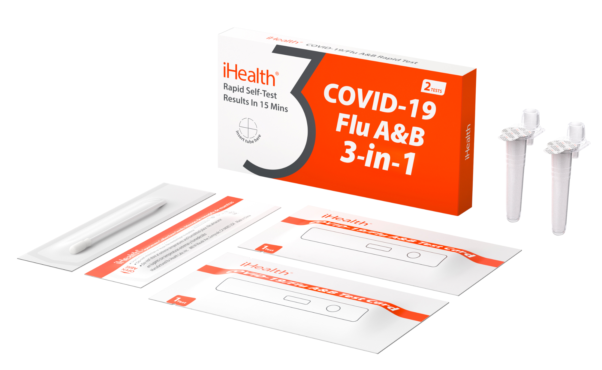 an image of an ihealth brand covid-19 and flu A and B combination 3-in-1 test kit