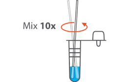 step 2 of the covid-19 and Flu A+B test kit, indicating to mix the swab with extraction solution and swirl 10 times
