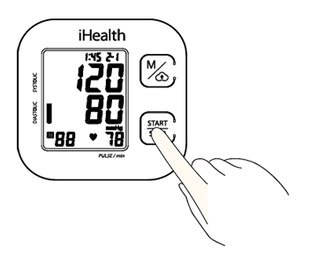 Illustration showing a finger pressing the Start/Stop button on the iHealth Track Blood Pressure Monitor.