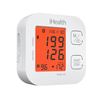 The iHealth Track Blood Pressure Monitor displaying readings in red color representing hypertension type 2/hypertension type 3 range.