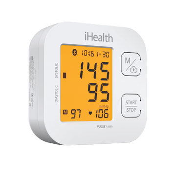 The iHealth Track Blood Pressure Monitor displaying readings in orange color representing normal-high/hypertension type 1 range.