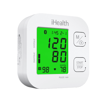 The iHealth Track Blood Pressure Monitor displaying readings in green color representing optimal/normal range.
