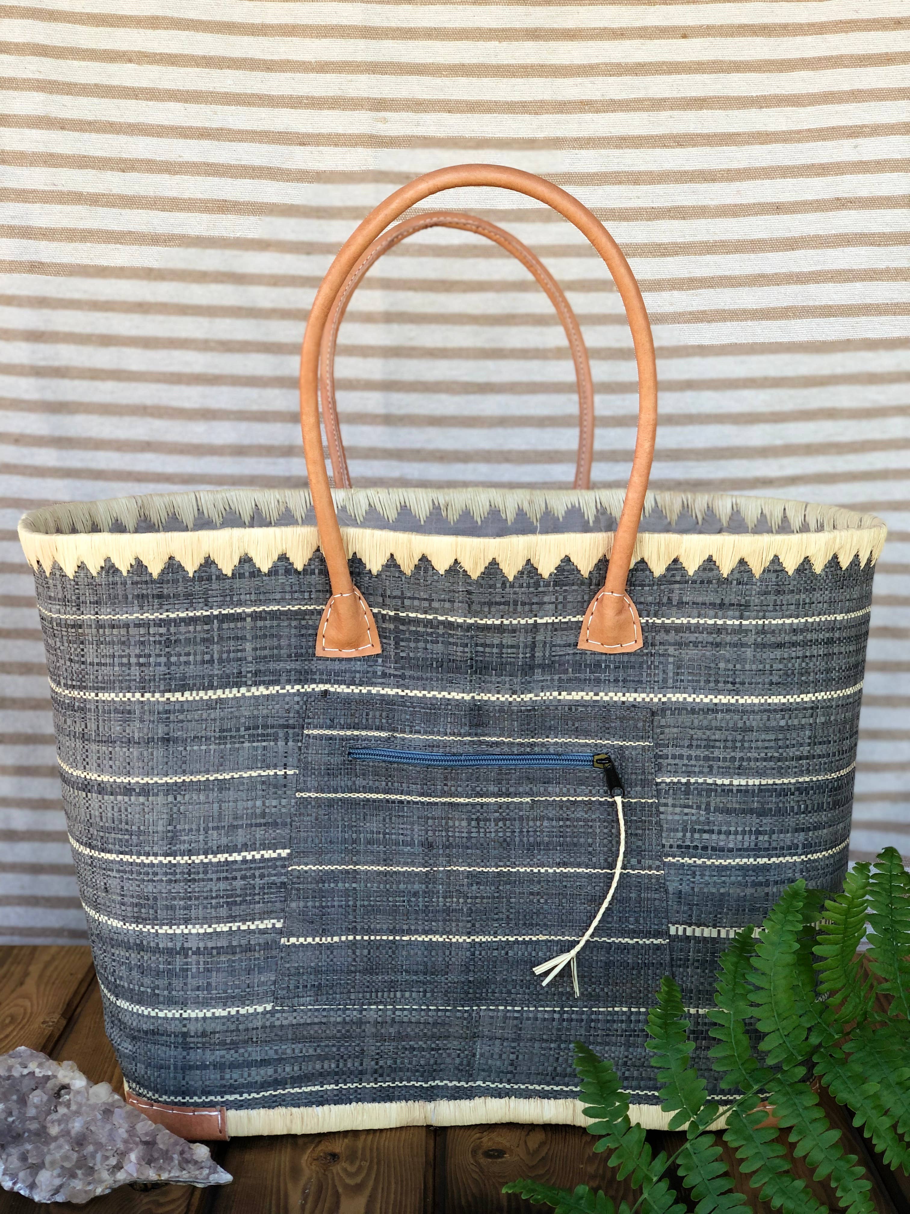 Santa Cruz Two Tone Wide Stripes Large Straw Tote Bag