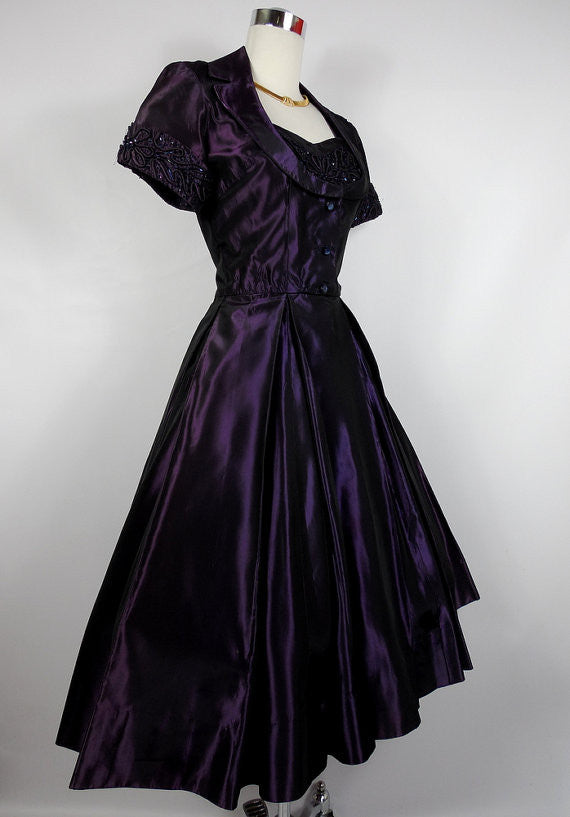 SOLD! 1950's Vintage Royal Purple Party Dress with Sequined Shelf Bust ...