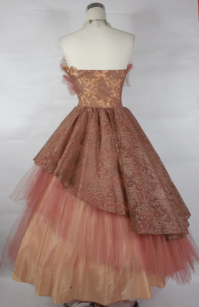 SOLD!1950s Vintage Dusty Rose Asymmetrical Lace and Tulle Prom Gown ...
