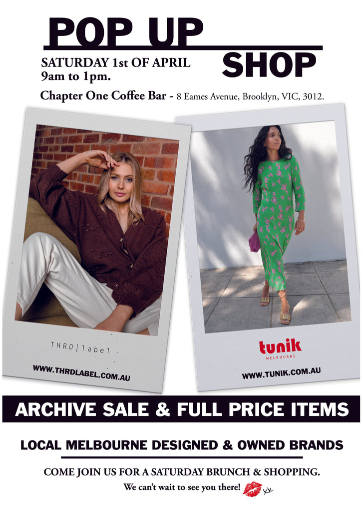 pop up shop poster, melbourne brands, fashion knitwear, fashion dresses, chapter one coffee