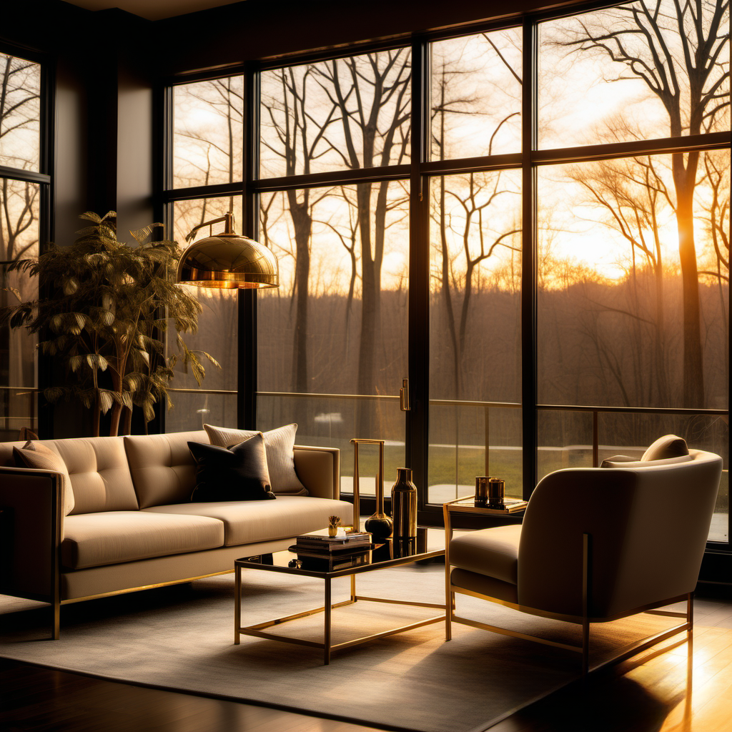 An editorial photograph of a contemporary living room with brass accents.