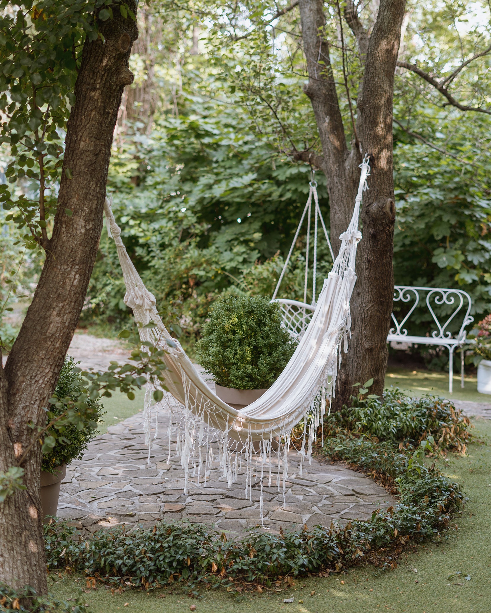 Secluded grass area with a fabric hammock inbetween two trees.