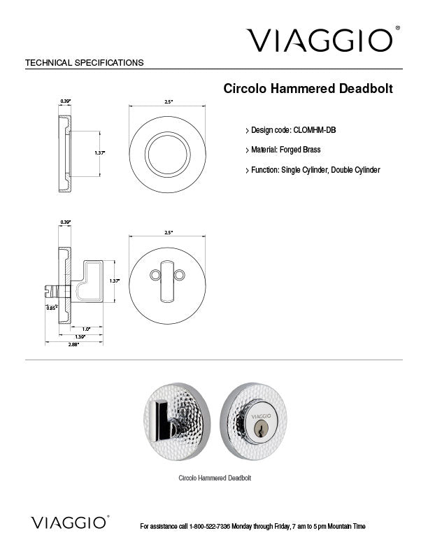 Circolo Motivo Hammered Deadbolt Technical Specifications
