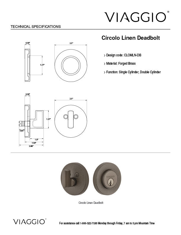 Circolo Motivo Linen Deadbolt Technical Specifications