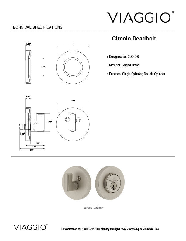 Circolo Deadbolt Technical Specifications