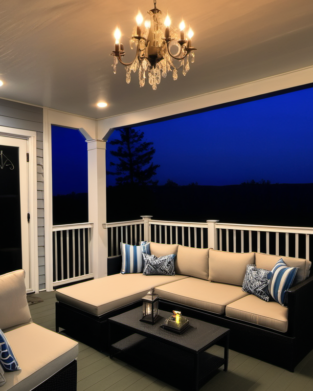 Backporch at dusk with a chandelier hanging over a nice outdoor sofa.